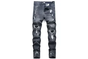 Factory Direct Men's Slim Jeans New Washed Fashion American High Street Style Breathable Solid Pattern for All Seasons