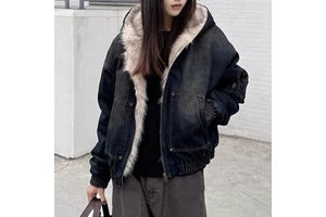 AIMEIS Retro Distressed Plump Lining Denim Jacket Hooded Casual Women's Winter Coat