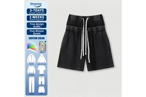 Men's West Coast Streetwear Double Waistband Drawstring Breathable Denim Shorts Stone Wash Baggy Distressed Vintage for Summer