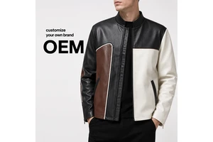 Men's Patchwork Faux Leather Jacket Contrast Color Biker Style Zip Up Casual Outerwear Streetwear Wholesale Supplier