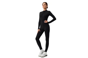 Women Breathable Four-Way Stretch Zip Front Long Sleeve Buttery Soft Sculpting Yoga Jumpsuit Butt Lift Pilates Bodysuit