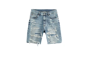 Customized Summer Men's Casual Retro Washed Distressed Denim Shorts Straight Leg Personalized Beggar Pants Denim Five Quarter
