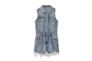 Short Overalls Jeans Turn-Down Collar Sleeveless High Waist Tassel Denim Jumpsuits for Women