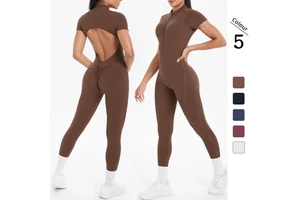 YS005 Women's Summer Casual Fitness Gym Running Bodysuit High Waist Zipper Jumpsuit Short Sleeves for Sports Worn Many Athletes