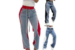2025 Spring Vintage Wide Leg Denim Pants Women's Splicing Three Striped Boot Cut Mid Waist Casual Jean Trousers