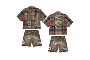 Men's Vintage Terry Eco-Friendly 100% Cotton Custom Summer T-Shirt Set Screen Print Rhinestone Plaid Shirt Denim Shorts 250gsm