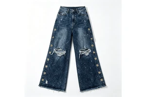 Women's High-Rise Wide Leg Destroyed Jeans Gold Grommet Heavy Acid Wash Ripped Denim Pants