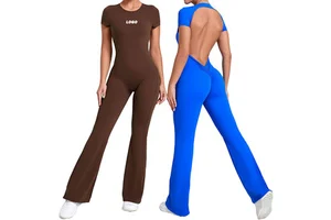 Women Activewear One Piece Sports Bodysuit V Shape Scrunch Butt Lifting Fitness Yoga Leggings Workout Playsuits Flare Jumpsuits