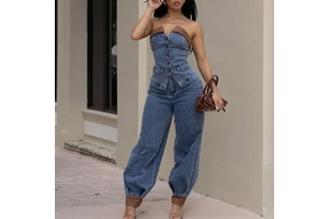 New Casual Strapless Denim Sets with Leather Autumn Winter Women's Single Breasted Crop Top and Long Pants Two Pieces Denim Suit