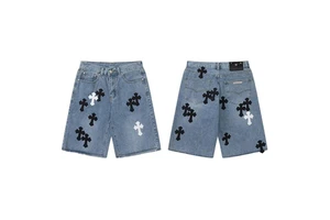 Women's Mid Waist Denim Shorts Light Blue Cotton Straight Leg Regular Fit Casual Summer Breathable Embroidered