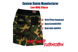 Men's Cargo Denim Shorts Designer Camo Patchwork Jorts Men High Quality Black Streetwear Custom Hardware Label Manufacturer