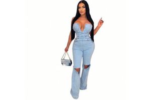 Fashionable Women's V Neck Jeans Jumpsuit With Perforated Pockets