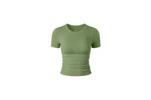 Direct Factory Sale Plus Size Women's Breathable Seamless Ribbed Yoga Top Short Sleeved Four Sided Elastic Round Neck Yoga Top
