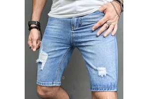 RNSHANEGR Summer Men's Hole Denim Shorts Fashion High Street Slim Fit Knee Length Jean Shorts Man Straight Denim Casual Shorts