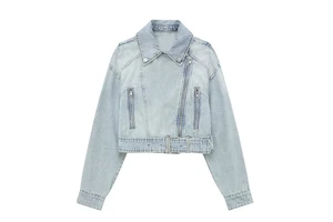Women's New Style Stand Collar Denim Jackets for Fall Winter Black Blue with Striped Decoration Rivet Features Woven Breathable