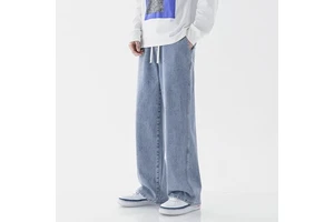 Men's Casual Wide Leg Jeans Mid Elastic Denim Pants Hong Kong Style Versatile Solid Color Comfortable Loose Straight High Street