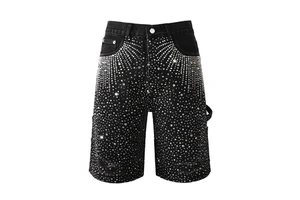 High Quality Custom Streetwear Men's Denim Shorts Straight Leg Hip Hop Style Vintage Washed Distressed Rhinestone Studded Shorts