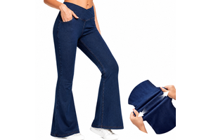 Low MOQ 4-Way Stretch Faux Denim Knitted Pants Pull On Leggings Yoga Gym Fitness Breathable Bootcut Flare Jeans For Women