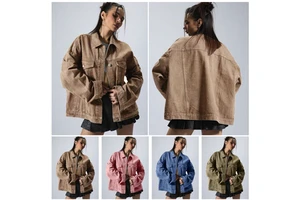 Women's Plain Button Front Drop Shoulder Denim Coat Casual Long Sleeve Collared Pocket Outerwear for Daily Wear Ladies Clothes