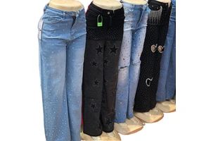 Foreign Trade Women's High Waist Loose Fit Summer Knitted Denim Casual Cargo Boyfriend Jeans Rhinestone Wrinkle-free
