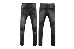 High Quality Brand Jean Ripped Rock Revival Jeans Double Knee Denim Pants Men Plus Size Black Straight Knitted Mid Support