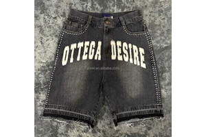 Custom Y2k Rhinestone Distressed Jorts Hommes Raw Hem Casual Applique Embroidery Baggy Men's Denim Shorts Manufacturer