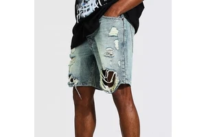 High Quality Men Summer Jean Shorts High Street Vintage Loose Fit Distressed Washed Ripped Men Denim Shorts