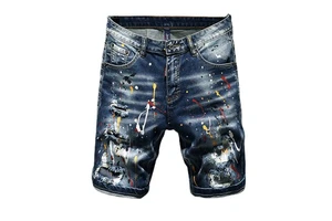 Hand-Painted Five-Point Paint Hole Patch Denim Shorts for Men