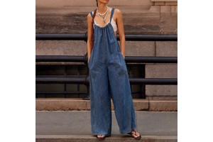 Fashionable Denim Jumpsuits and Rompers for Women Wide Leg Adjustable Straps Back Bandage Jeans Playsuits