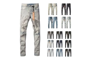 Custom Men's Graphic Print Jeans Y2K Streetwear Distressed Ripped Denim Pants Global Earth Map Hip Hop Straight Trousers
