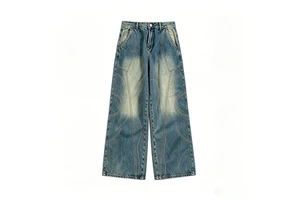 Men's Wide Leg Denim Jeans with Contrast Stitching Vintage Wash Loose Fit Trousers for Streetwear Fashion Brands