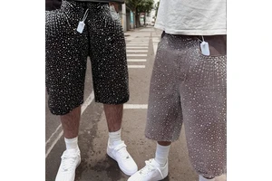 Custom Men's Street Wear Heavyweight Denim Shorts Rhinestones Jeans Shorts Vintage Zipper Fly 100% Cotton Men's Jorts