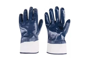 Cotton Jersey Knitted Liner Safety Cuff Blue Nitrile Fully Coated Dipped Gloves Chemical Resistant Waterproof Heavy Duty Gloves