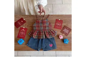 Ins 2026 Summer Girls' Strapless Set For Baby Girls Korean Style Plaid Top With Strapless Design Denim Shorts