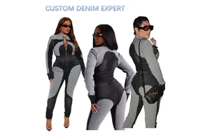 Tight Fit Blue Black Women's Denim Pants Set Patchwork Long Sleeve Washed Two-Piece Jean Outfit Jeans And Jacket