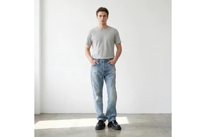 2026SS Men's Straight Fit Vibe Jeans Ice Blue Distressed American Vintage Mid Casual Streetwear Utility Hip Hop Party Washed