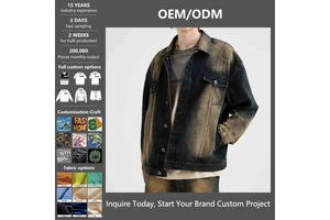 Customized Factory Denim Jacket Men's Autumn New High Street Hip-hop Style Over-dye Vintage Washed Denim Trendy Jacket