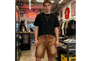 Manufacturer Custom Men's Denim Rhinestone Trim Cowboy Print Shorts Comfortable 100% Cotton Summer Casual Vintage Sporty Shorts