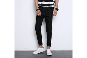 OEM Vintage Four Seasons Style Pure Black Men's Denim Long Pants with Eco-Friendly Embroidery Button Details Custom Men's Jeans