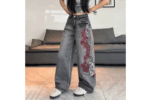 OEM Supplier Women Grey Vintage Embroidered Wide Leg Jeans Baggy Washed Denim Pants For Streetwear Collections