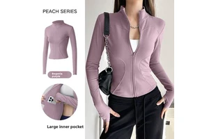 Sun-protective Anti-Uv Spandex/Polyester Full Sleeve Stand-Up Collar Slimming Yoga Top for Pilates Workout Running Sports