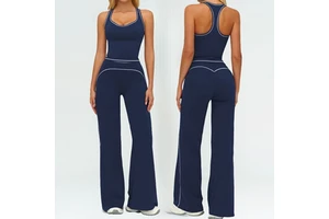 Fashion Women 2 Piece Set Yoga Top & High Waist Wide Leg Pants with Contrast Trim Backless Sexy Gym Wear Comfort Fit Effect