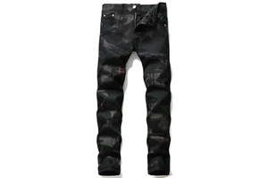 Fashion Design Printed Black Stretch Denim Pants for Men - High-end Brand, Personalized, Casual and Trendy Long Pants