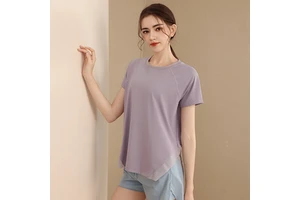 Women's Spring Summer Sports Quick-Drying Top Breathable Mesh Stitching Loose Neck Short-Sleeved Yoga