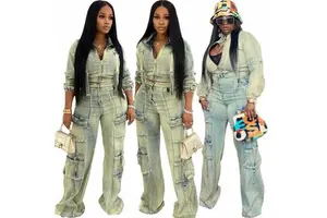 European and American Women's Fashion Sexy Highly Stretch Multi-Pocket Washed Denim Casual Suit Two-Piece Set