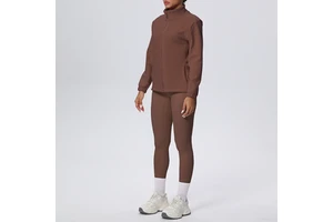 Women's Plus Size Solid Fleece-Lined Crew Neck Elastic Waist Jacket Pants Yoga Set Two-Piece Sports Running Fitness Outfit