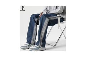 Bomery Plus Size Men's Summer Jeans Loose Fit Stretchy Mid Waist Denim Pants Elasticated Waist Straight Leg Casual Print Design