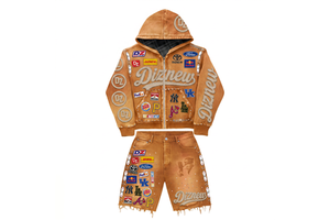 DiZNEW Knit Set Customizable Embroidered Patch Mens Premium Vintage Damage Rhinestone Shorts Sets Jeans Set for Men