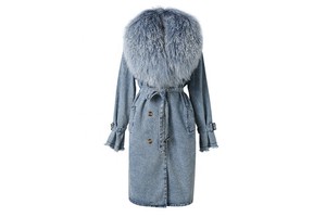 New Women Big and Fluffy Mongolian Fur Collar Denim Trench Coat Denim Coat