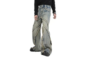 DiZNEW Custom Y2K Men's High Waisted Jeans Trousers Stone Washed Fur Hem Wide Leg Denim Jeans for Men